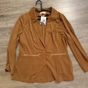 NWT Genhoo Blazer Brown Gold Zippered Pocket 2XL Polyester/spandex